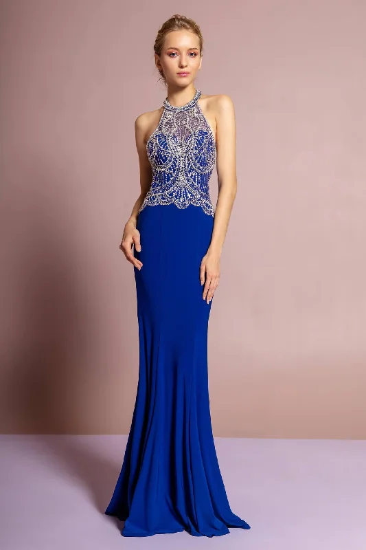 Prom Long Halter Dress Beaded Bodice Evening Gown