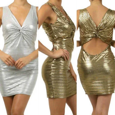 Cocktail Dress Gold Silver Mini Metallic Keyhole Knot Open Backside