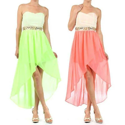 Dress Hi Lo Hem Neon Duo Tone Strapless Chiffon Sequin Beaded Cocktail