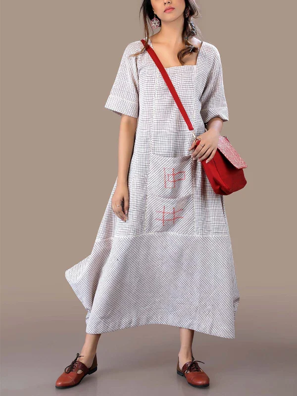 Anne Handwoven Check Kite Dress Off-White