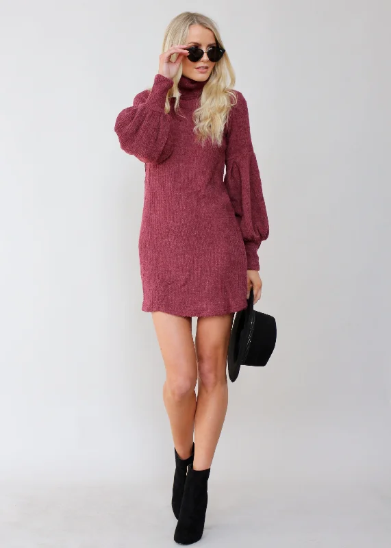 Ayana Roll Neck Knit Dress - Wine