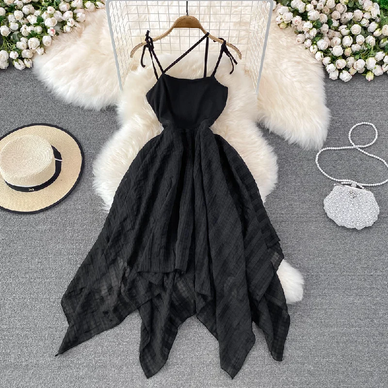 Black Irregular Backless Dress A Line Fashion Dress  10694