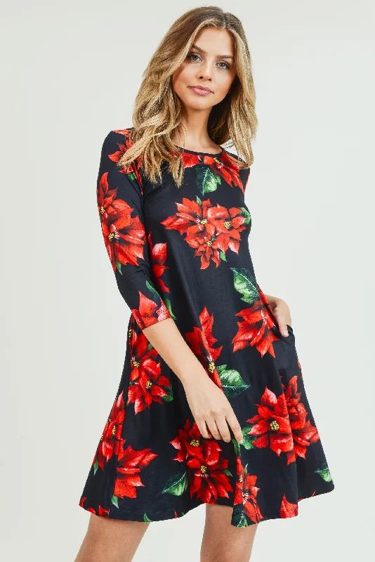 Blooming Poinsettia Christmas Dress with Pockets