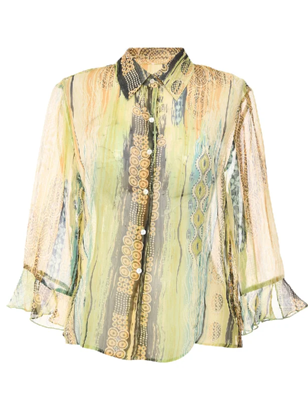 Button-Front Light Green Sheer Blouse - L