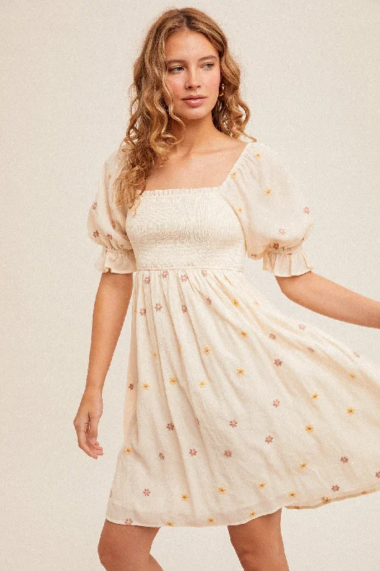 Cream Floral Embroidered Smocked Dress