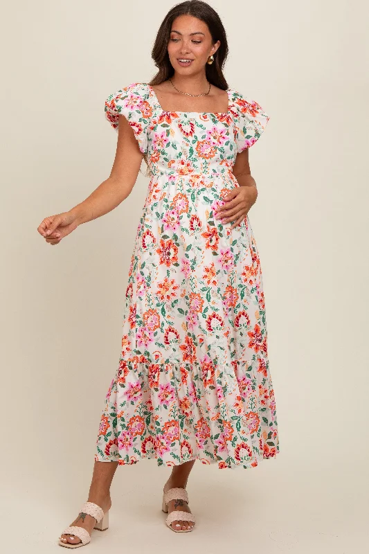 Cream Floral Square Neck Puffy Sleeves Maternity Dress