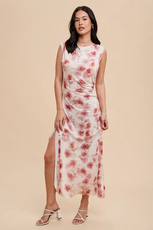 Cream Rose Print Ruched Mesh Dress