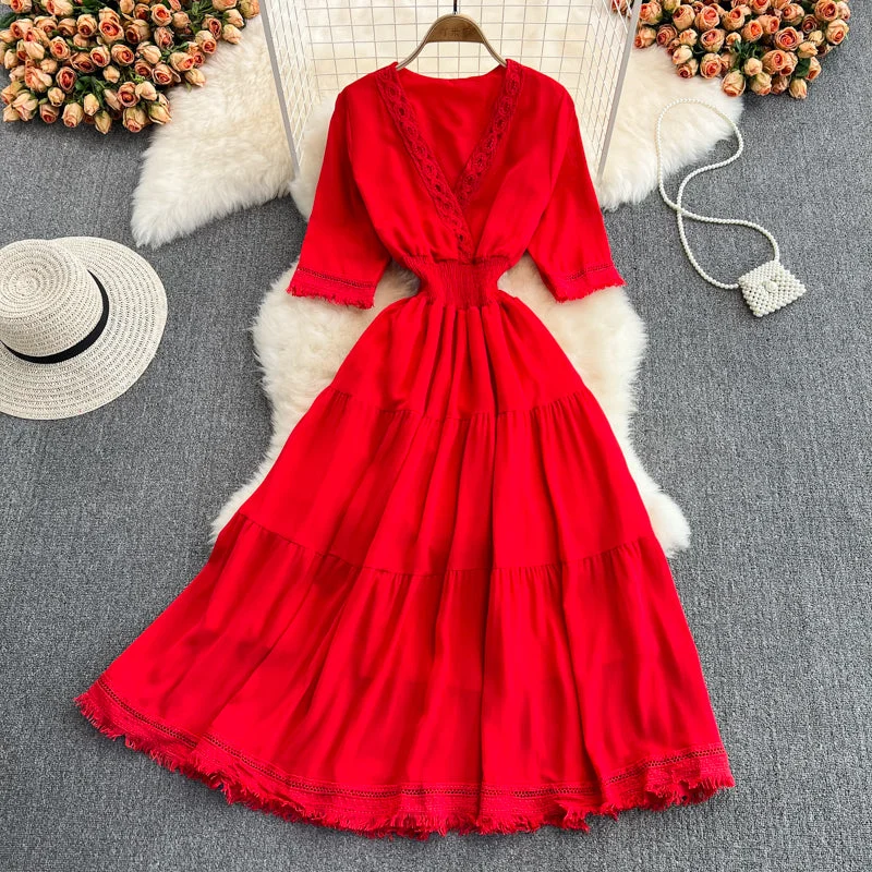 Cute V-Neck Fringed Dress A Line Fashion Dress  10814