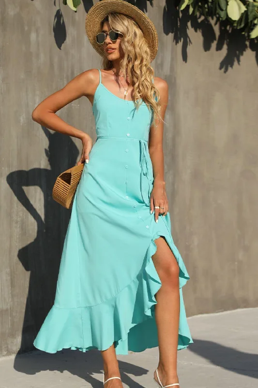 Buttoned Spaghetti Strap Ruffle Dress