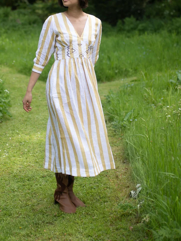 Embroidered Stripe Tribal Dress Yellow