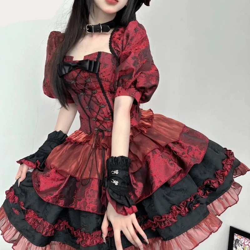 Enchanting Elegance Victorian Gothic Lolita 3-Piece Dress Set | Burgundy & Black