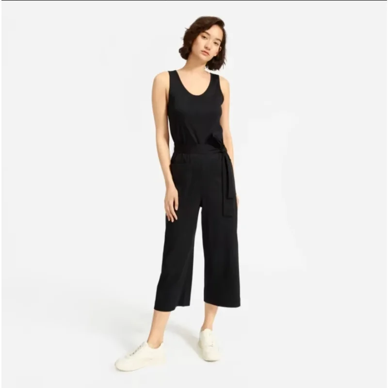 Everlane Womens Cotton Luxe Jumpsuit XS Black Sleeveless Cropped Knit Belted NWT