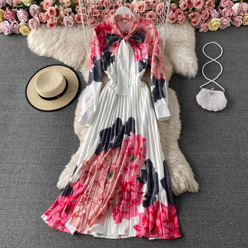 French elegant floral print Pleated Dress  3173