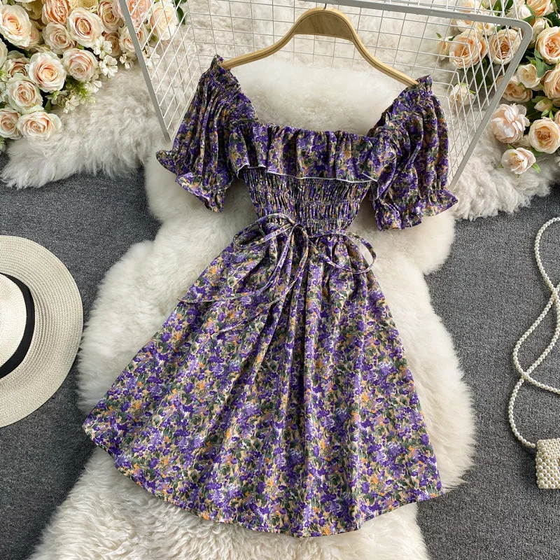 French sweet waist closing thin square neck bubble sleeve Floral Dress  3189