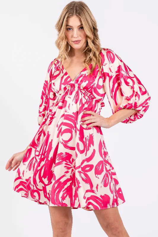 Fuchsia Printed Bubble Sleeve Sweetheart Dress