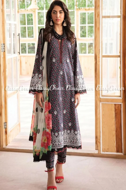 Grey White Printed Lawn Embroidered Pakistani 3 Piece Outfit