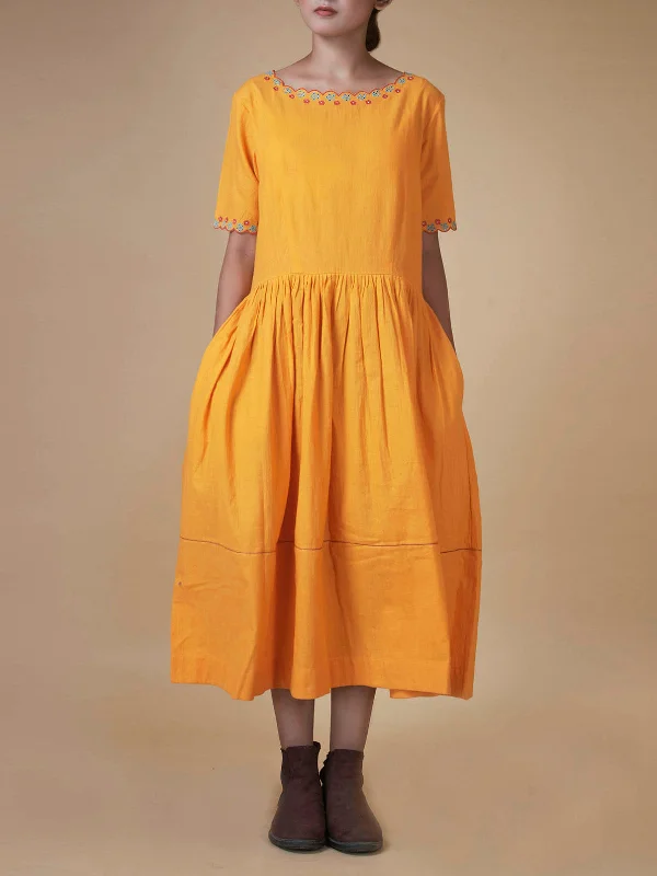 Hand Embroidered Cotton Dress Mustard