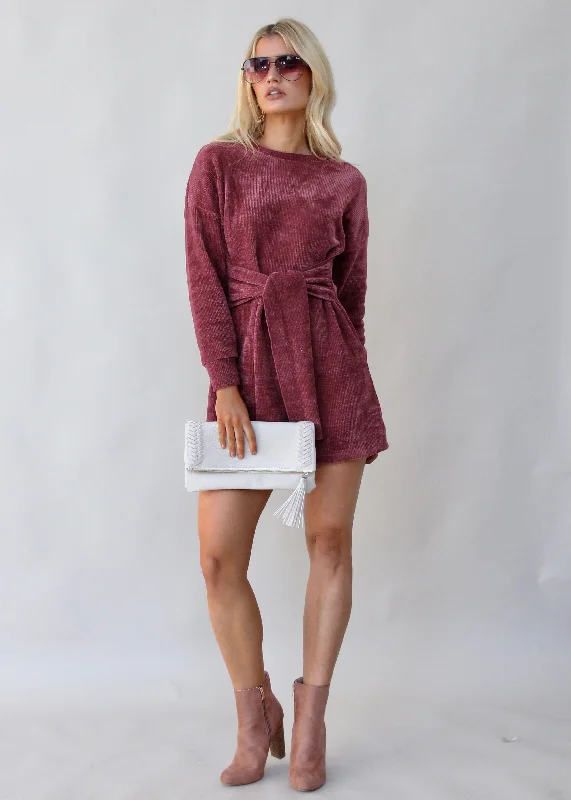 Hide Away Tie Knit Dress - Wine