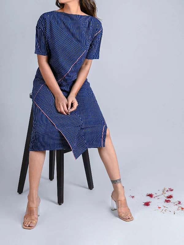 Indigo Stripe Zero Waste Diagonal Detail Dress