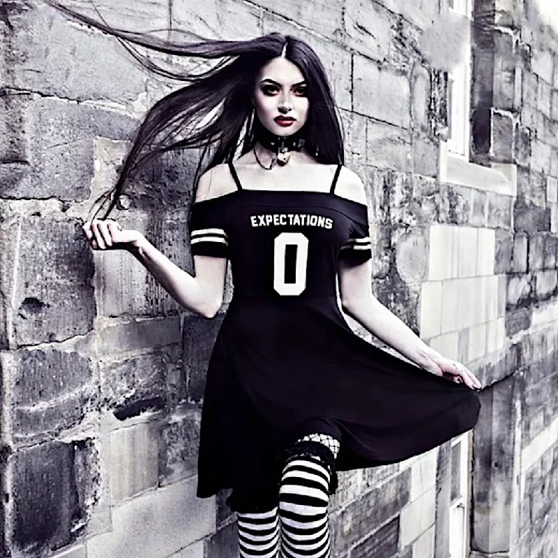 Killstar Zero Expectations Dress | Gothic Black Bardot Off-Shoulder Skater Dress