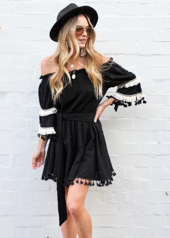 Marbella Off Shoulder Frill Dress - Black