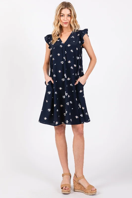 Navy Blue Floral Ruffle Cap Sleeve Dress