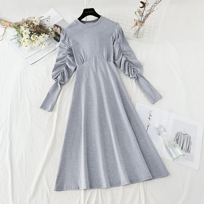 New women's bubble sleeve pleated belly covering dress  4811