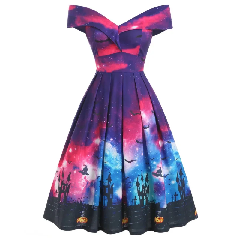 Off Shoulder Watercolor Pumpkin Bat Flared Dress