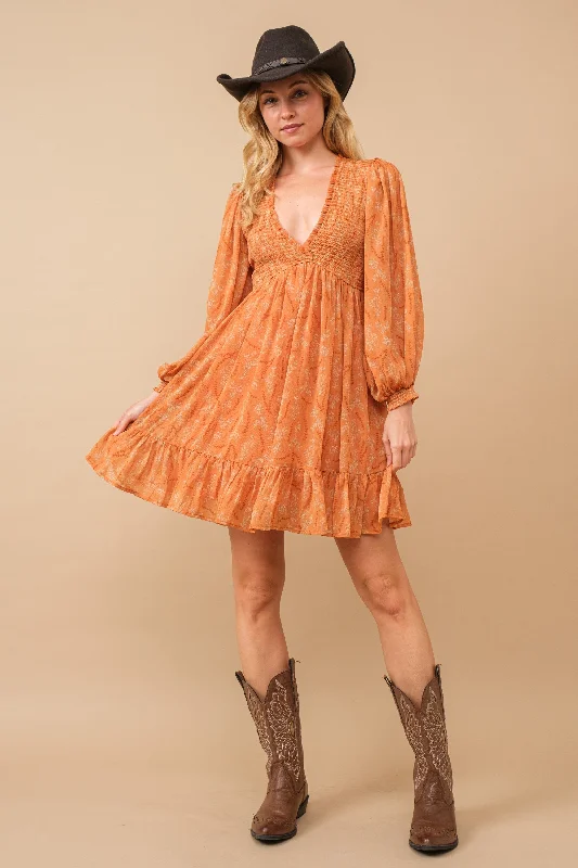 Orange Floral Smocked Long Sleeve Dress