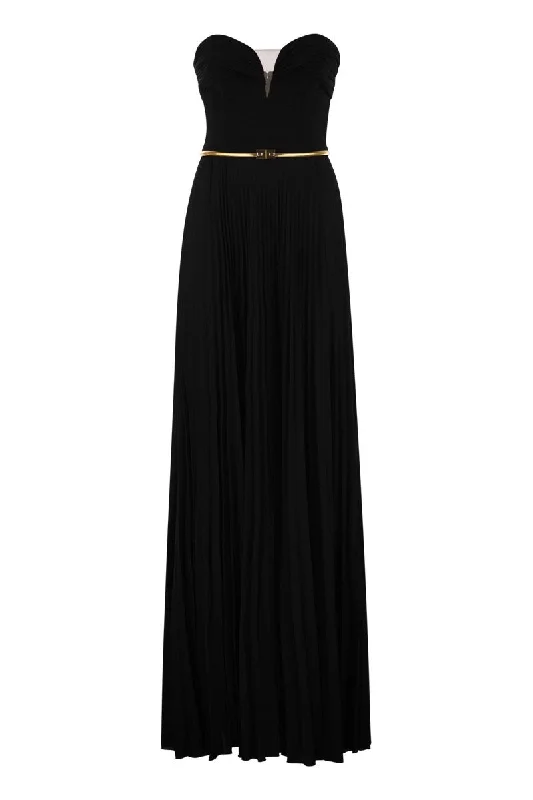 Pleated lurex jersey red carpet dress with belt