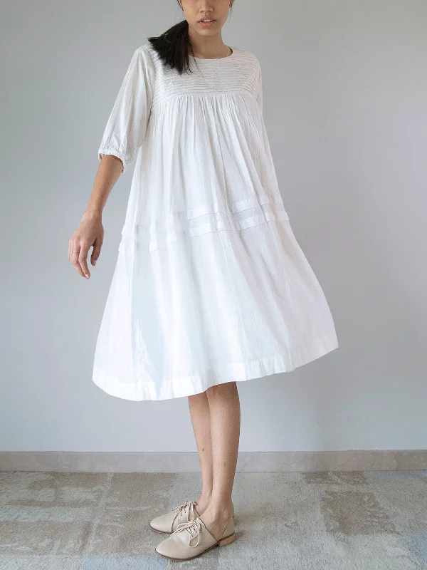 Pleated Yoke Dress White