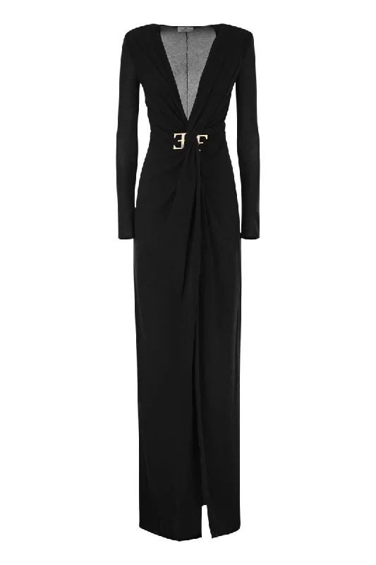 Red carpet dress in lurex jersey with knot and logo accessory