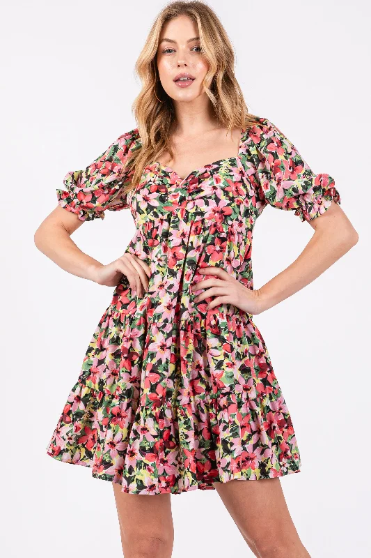 Red Multi-Color Floral Puff Sleeve Ruffle Hem Dress