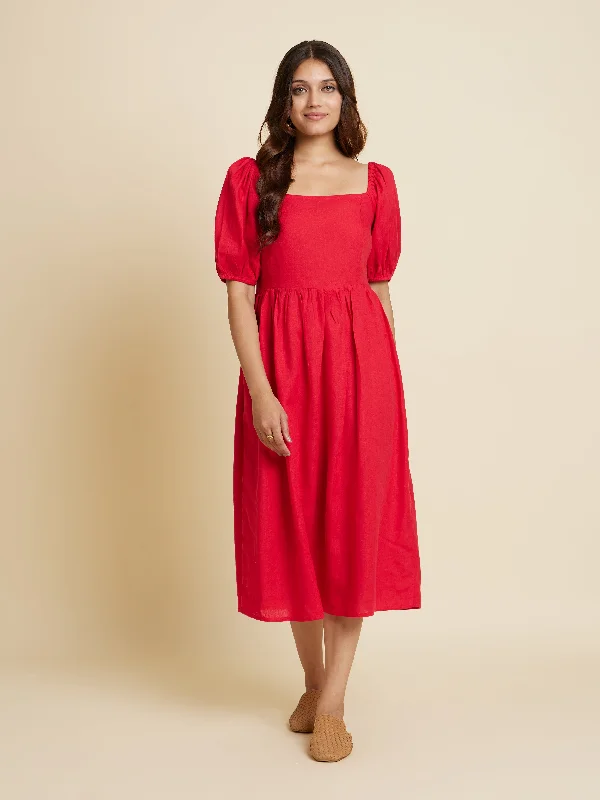 Red Smocked Linen Dress