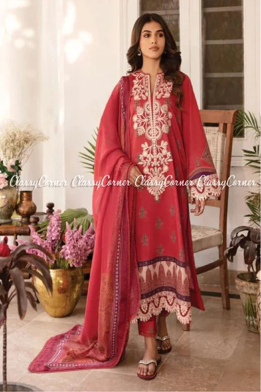 Red White Printed Lawn Embroidered Salwar kameez