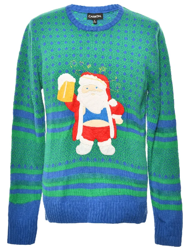 Santa Claus Green Christmas Jumper - L