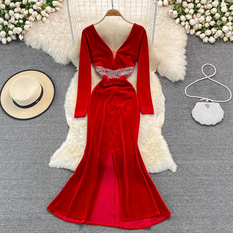 Sexy V Neck Velvet Beads Dress Fashion Dress  10927