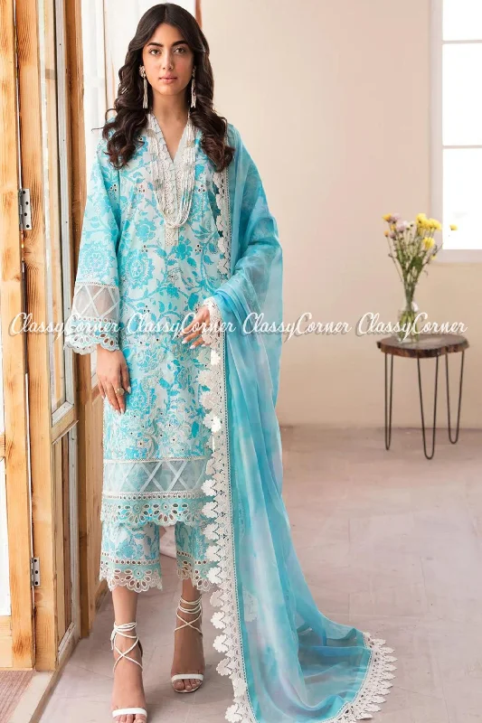 Sky Blue White Printed Lawn Embroidered Salwar Kameez