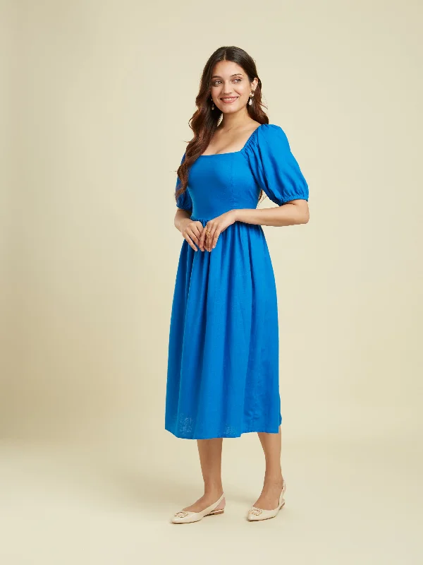 Smocked Cobalt Blue Linen Dress