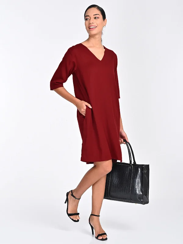 Solid Tencel Maroon Knee Length Dress