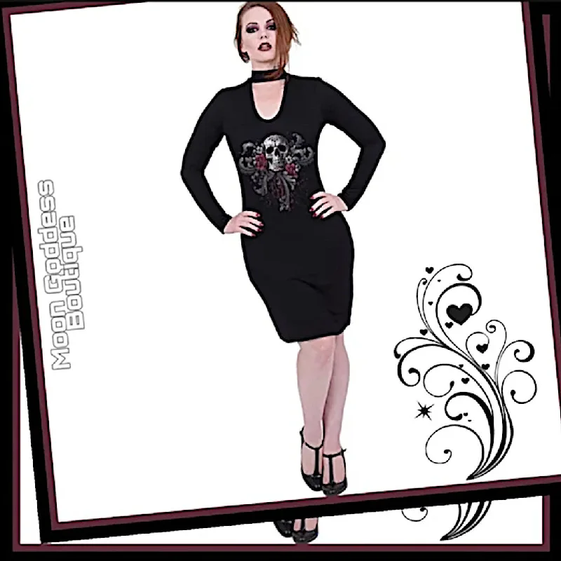 Spiral Direct Skull & Roses Gothic Dress with Choker | Scoop Neck, Black & Red