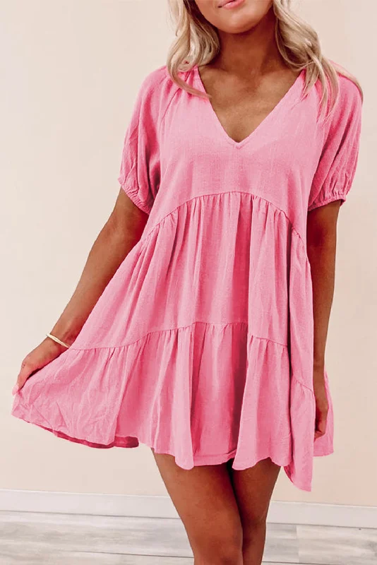 Strawberry Pink Puff V Neck Dress