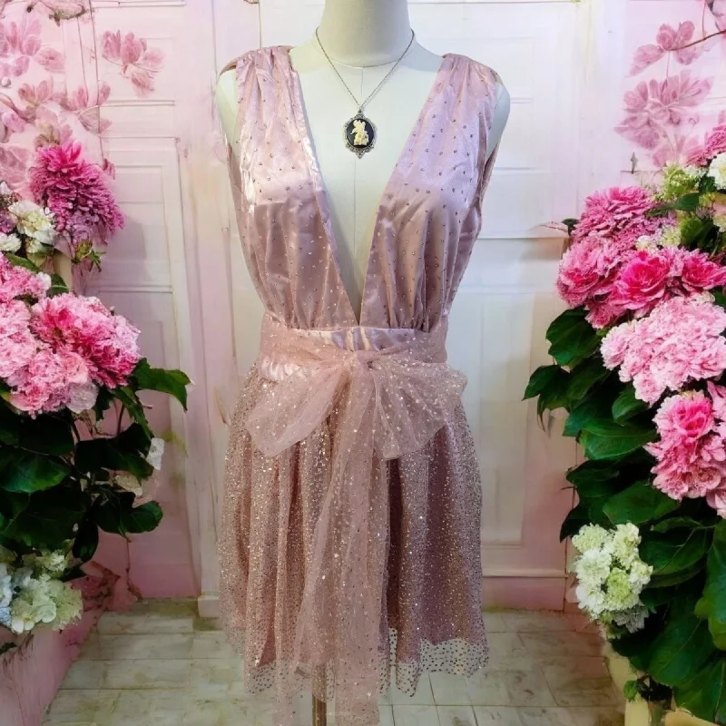 3-Way Wear Sleeveless Pink With Champagne Sparkles Overlay Dress