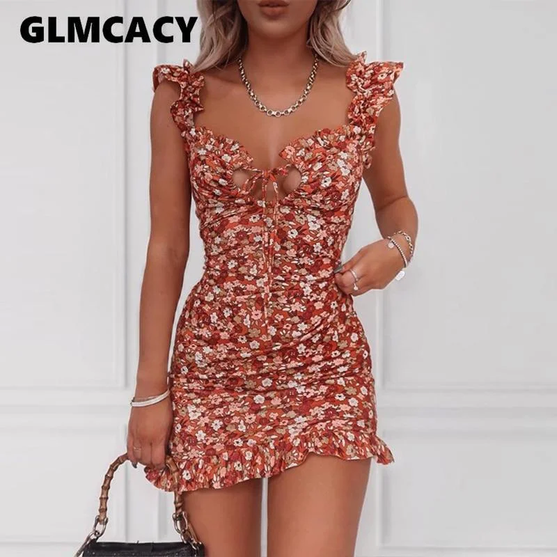 Flirty Ruffle Trimmed Floral Print Bohemian Style Summer/Beach Short Dress