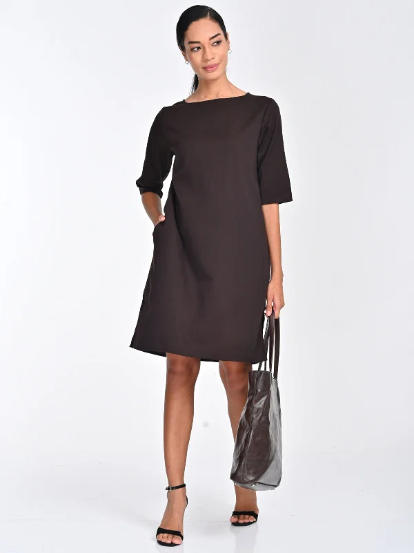 Tencel Solid Coffee Brown Boat Neck Dress