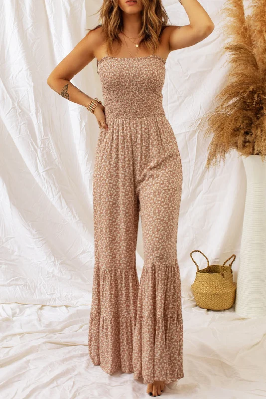 Thin Straps Smocked Bodice Wide Leg Jumpsuit