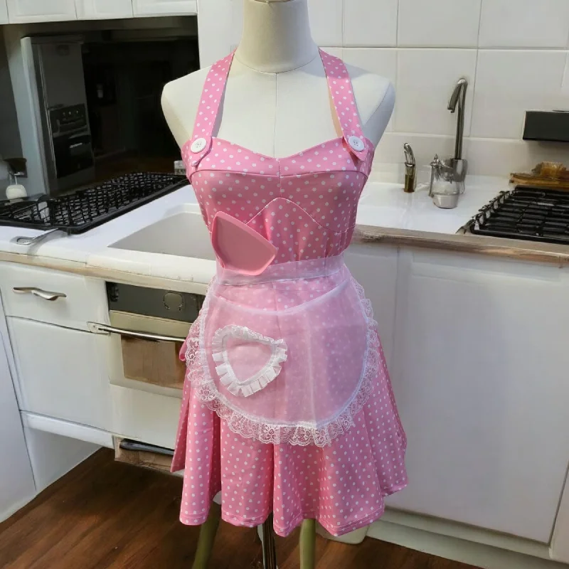 Pink Polka Dot Stepped Wives Costume Petticoat, Apron Dress Set