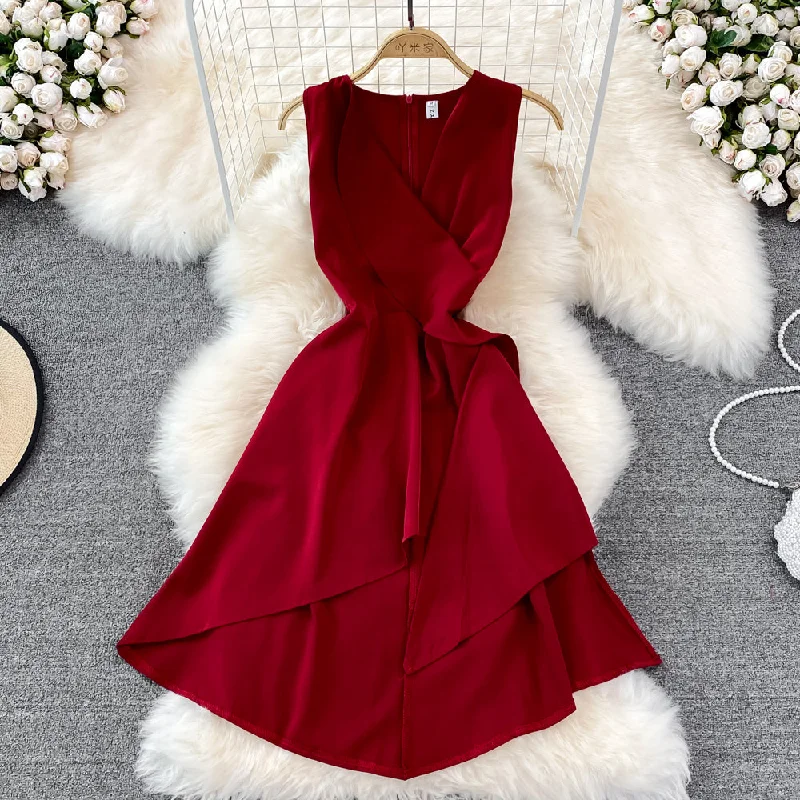 V-neck high waist slim Ruffle sleeveless A-line dress  11029