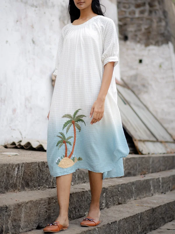 White Blue Ombre Hand-Embroidered Dress