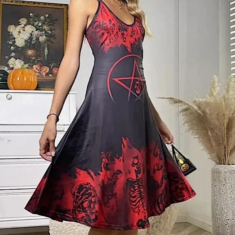 Witchy Gothic A-Line Dress | Red Black Pentacle & Skulls Graphic Design O-Rings